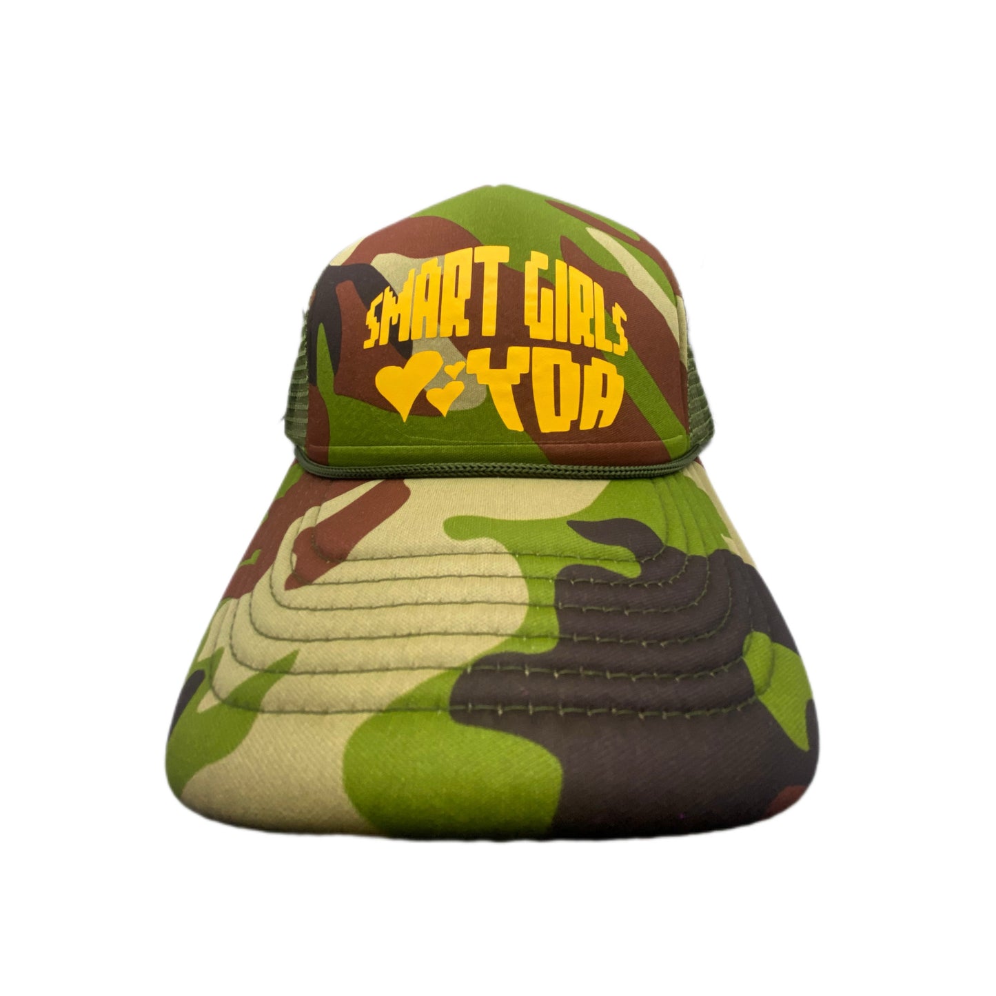 GRN CAMO SMART GIRLS LOVE YDA TRUCKER HAT