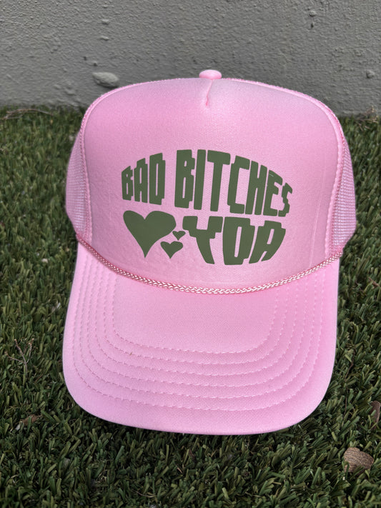 PINK OLIVE GREEN BAD BITCHES LOVE YDA TRUCKER HAT