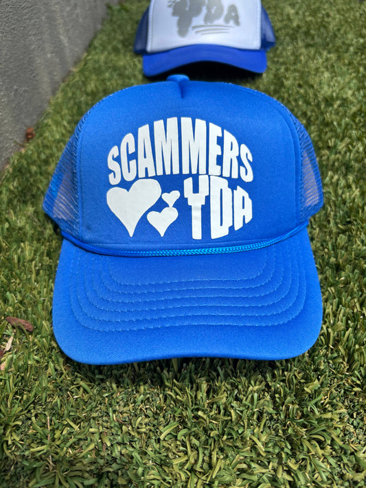 BLUE WHITE SCAMMERS LOVE YDA TRUCKER HAT